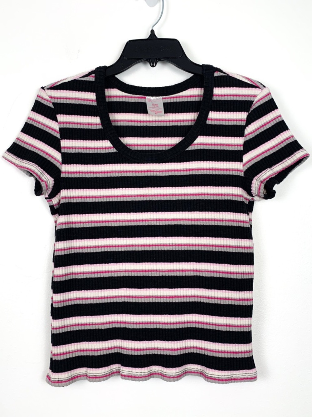 No Boundaries Black and Pink Striped Ribbed Short Sleeve Tee
